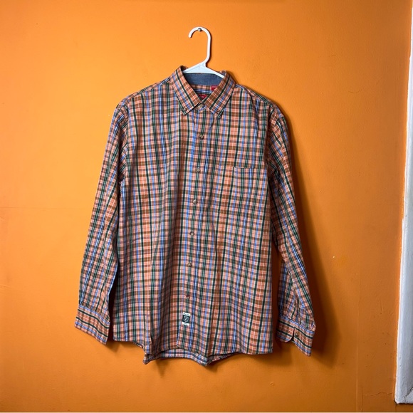 IZOD Shirt Mens Size M Orange Blue Green Plaid Button Down Pocket Collared - Picture 1 of 8
